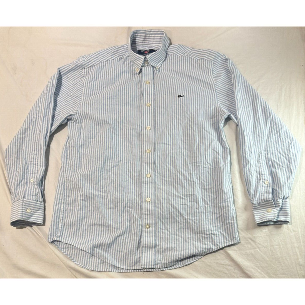 Vineyard Vines Button Up Shirt Whale Shirt Men's Size S White Blue Pinstriped